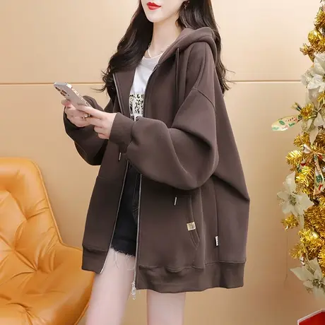 加绒加厚连帽卫衣开衫女中长款2023新款秋冬宽松百搭oversize外套图片