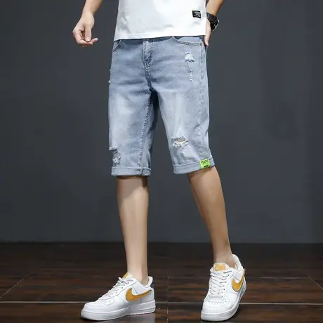 唐狮春夏新款男牛仔中短裤破洞直筒宽松裤子五分潮牌休闲裤子TG商品大图