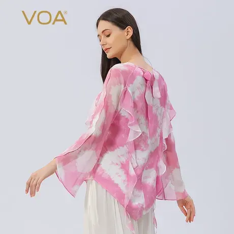 VOA真丝提花樱粉圆领乔其荷叶长袖立体装饰尖角下摆甜美桑蚕丝T恤图片