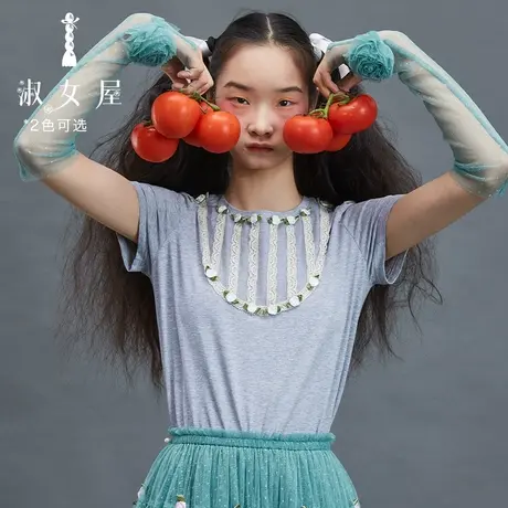 淑女屋官方旗舰店花边装饰仙女的t恤。12023新款方领泡泡袖上衣商品大图