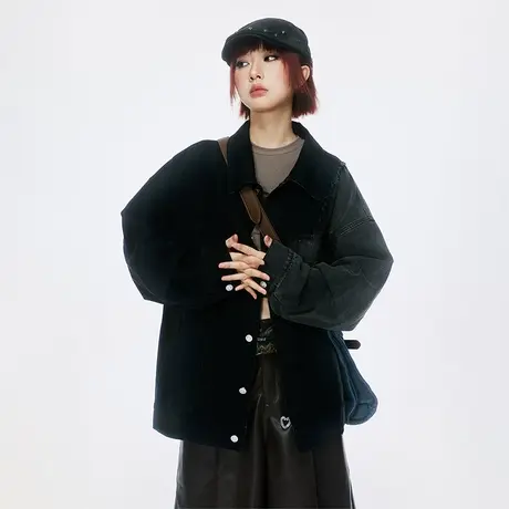 美式复古牛仔外套女春秋2023新款拼接设计感夹克宽松oversize上衣商品大图