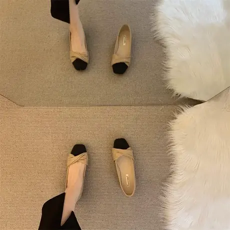 真皮单鞋女秋季2023新款软底法式浅口平底小香风配裙子羊皮奶奶鞋商品大图