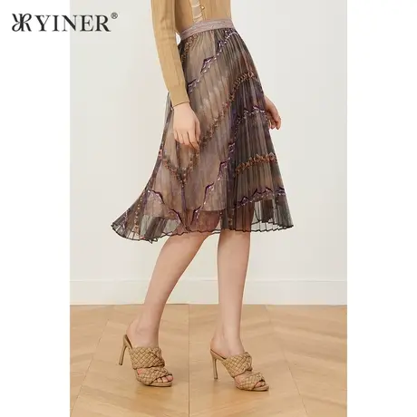 *YINER音儿奥莱女装秋季网纱绣花A字半身裙图片