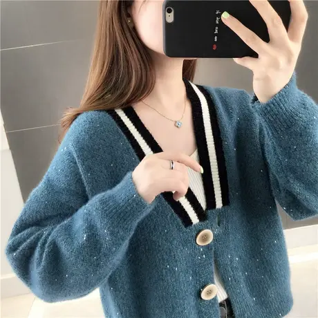 针织衫新款2023爆款开衫短款上衣秋季女士毛衣宽松外穿雪尼尔外套商品大图