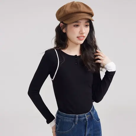 尔给薄款圆领小众黑色打底衫女2023新款春秋设计感长袖短款上衣图片