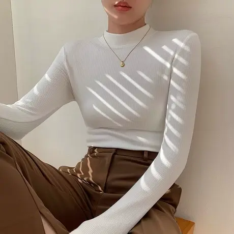 白色半高领上衣女士长袖螺纹打底衫春秋新款纯色内搭修身t恤显瘦图片