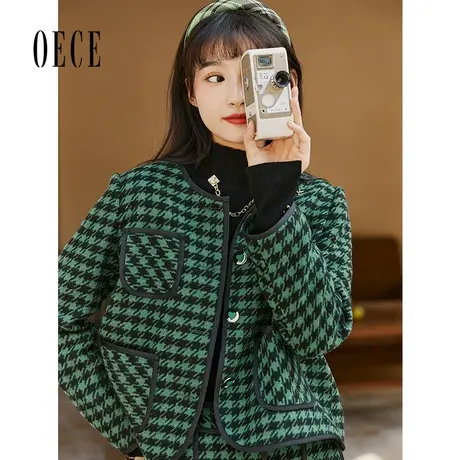 Oece复古格子外套秋冬季新款女装气质减龄修身小个子毛呢外套图片