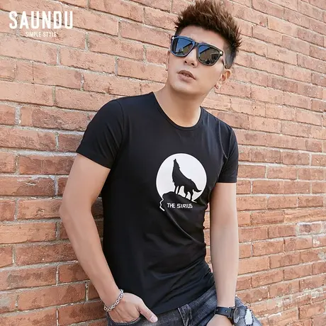 夏装新款男士短袖t恤潮流上衣服黑色圆领印花半袖修身男生体恤衫商品大图