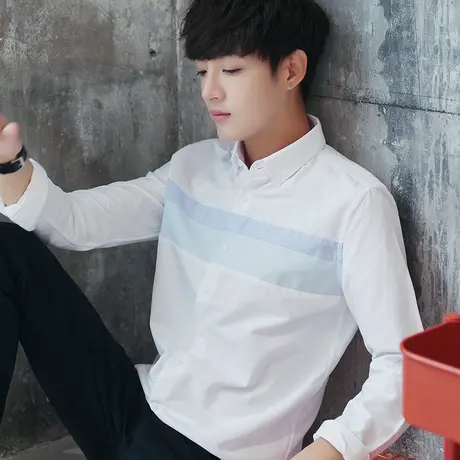 2025春秋季新款男士潮流韩版格子长袖衬衫白色衬衣休闲寸衫ins男商品大图