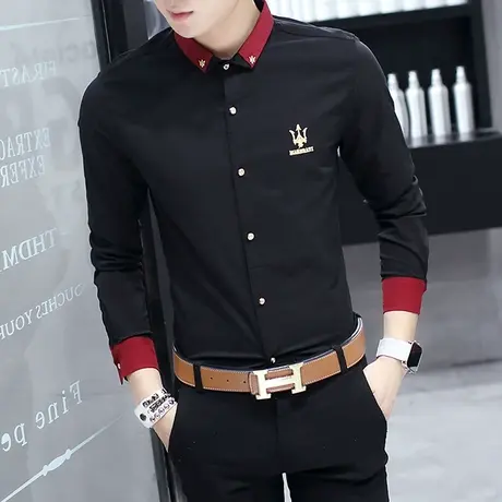 男士长袖衬衫男韩版秋季潮流帅气黑色衬衣修身上衣发型师休闲寸衫商品大图
