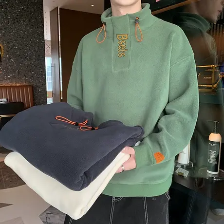 韩版潮流直筒男士纯色卫衣2023秋冬季新款加绒加厚保暖打底衫男装商品大图