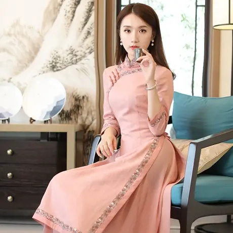 筠雅粉色奥黛旗袍中国风年轻款高端气质2025年中国风连衣裙女装商品大图