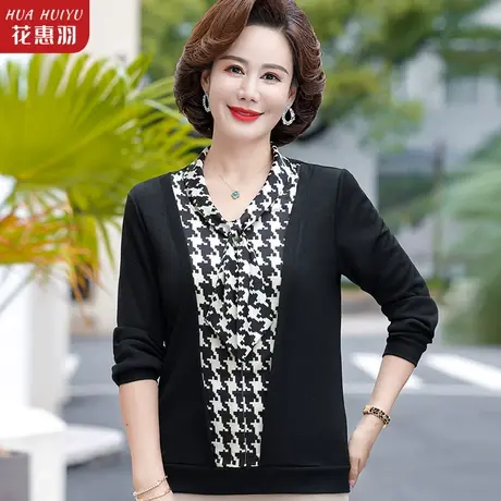 妈妈秋装针织小衫洋气薄款毛衣格子假两件40岁50中老年女春秋上衣商品大图