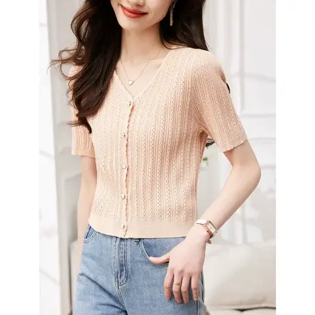 时尚气质温柔淑女短袖针织衫女士2023年春夏新款百搭显瘦V领上衣商品大图