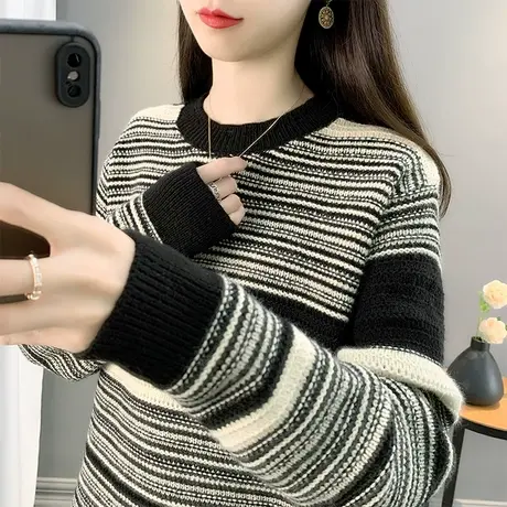 条纹针织衫秋装2023年新款女装宽松套头圆领长袖内搭毛衣洋气上衣图片