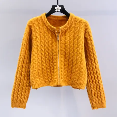 复古慵懒风短款麻花毛衣外套女秋冬2023新款宽松休闲百搭针织开衫商品大图