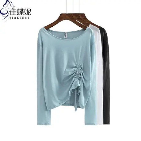 春秋纯白宽松大码休闲长袖上衣抽绳女装纯色T恤防晒衫空调衫网红商品大图