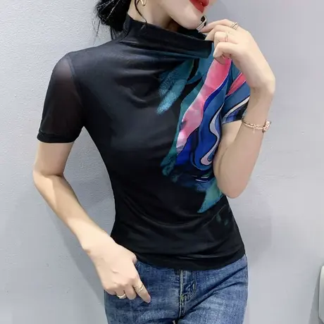 半高领短袖T恤女装2024新款ins潮网纱小衫洋气时尚印花打底上衣服商品大图