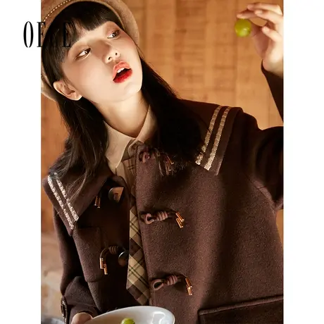 【买1送1】Oece复古牛角扣大衣2022冬新款女毛呢外套中长款学院风图片