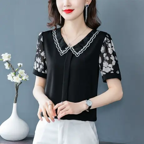 2023夏季新款气质娃娃领雪纺衫女小衫时尚印花短袖t恤大码绣花女商品大图