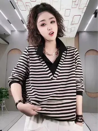 时尚条纹拼接假两件T恤女装卫衣2032秋季新款韩版休闲上衣ins潮款商品大图