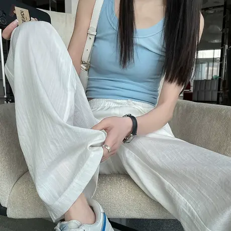 白色冰丝高腰阔腿裤女春夏休闲薄款直筒显瘦小个子防晒棉麻料裤子商品大图