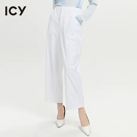 icy2023春季新款简约通勤宽松垂感松紧腰白色贴袋休闲长裤商品大图