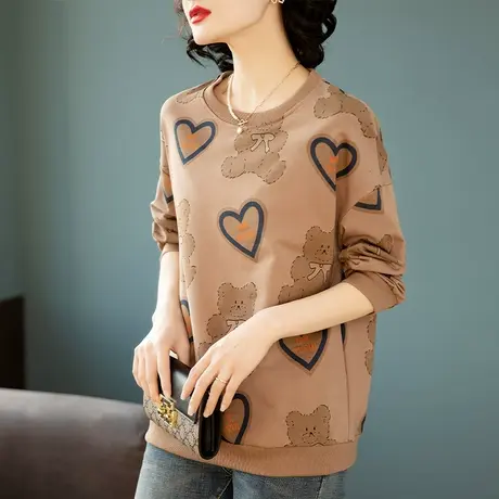 中年妈妈卫衣女春秋薄款加肥加大码女装宽松卡通印花显瘦上衣外套商品大图