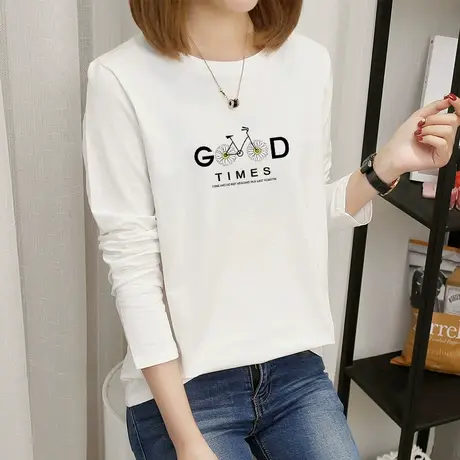 2件69】春季纯棉学生t恤女长袖宽松上衣2022年秋冬新款圆领打底衫图片