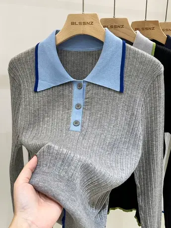撞色polo领长袖针织衫女早秋2023新款拼接设计感翻领打底衫女内搭商品大图