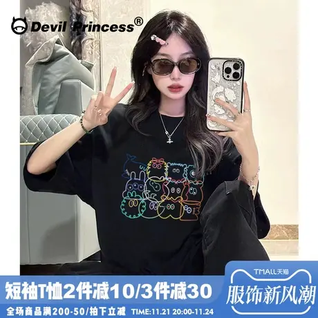 小众卡通超火ins风黑色t恤女短袖宽松正肩夏季新款学院风半袖上衣商品大图