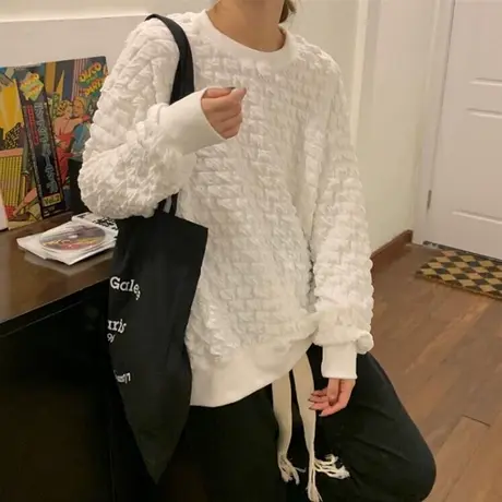 提花设计感小众圆领卫衣女秋冬季韩版百搭宽松加厚无帽外套上衣潮商品大图