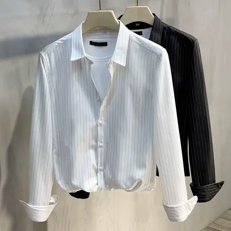 免烫抗皱丝光男士长袖衬衫休闲韩版潮流帅气上衣条纹春秋季男衬衣商品大图