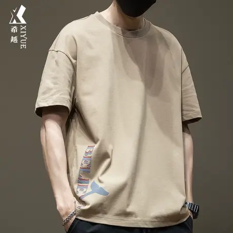 男款短袖t恤男士纯色夏季宽松大码男设计感侧边印花卡其半袖体恤商品大图