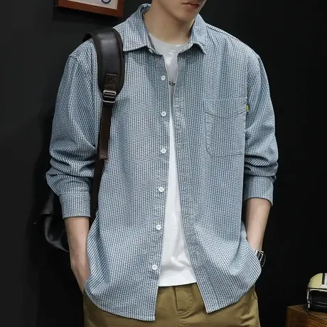 条纹牛仔衬衫男长袖春秋款休闲2024新款上衣蓝色百搭衬衣外套男士商品大图