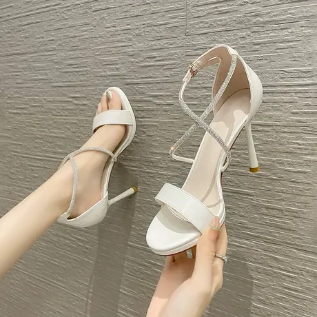 2024年新款夏季时尚气质高跟鞋女细跟一字带交叉水钻性感露趾凉鞋商品大图