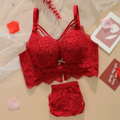 本命年内衣套装女小胸加厚聚拢性感收副乳结婚新娘龙年酒红色文胸商品大图