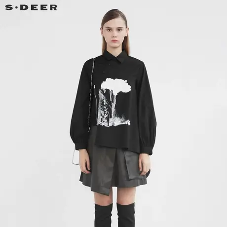 sdeer圣迪奥女装春秋装翻领斜襟撞色印花不规则长袖衬衫S21380521图片