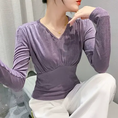 性感镂空V领打底衫女长袖网纱拼接收腰气质减龄内塔上衣修身T恤潮图片