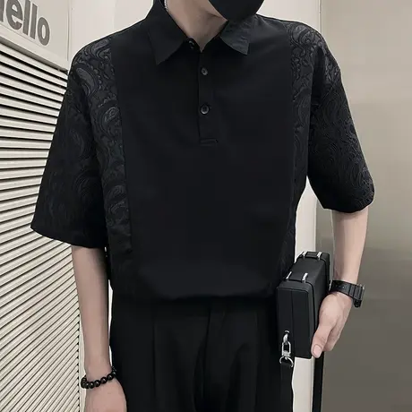 夏季有领T恤半袖男士百搭轻熟设计感个性拼接Polo衫青年翻领短袖商品大图