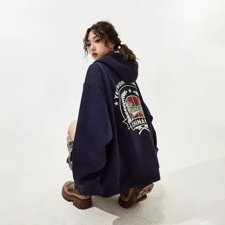 YEP美式学院风连帽卫衣女2024年春装新款情侣装复古宽松开衫外套图片