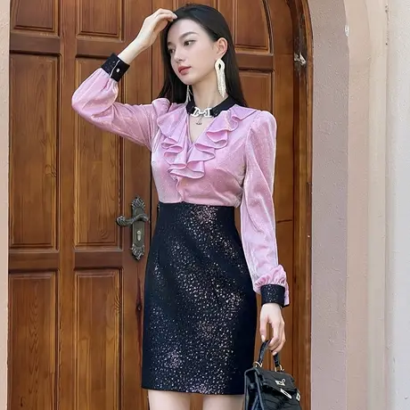 撞色拼接高级感名媛连衣裙春季别致轻奢小个子穿搭性感修身包臀裙图片