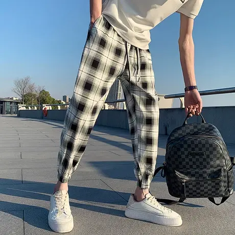 2023夏季男士休闲裤裤子运动裤潮流薄款格子九分裤百搭束腿裤9分商品大图