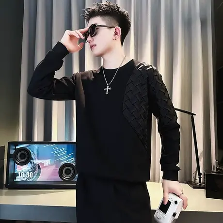 ins潮牌痞帅卫衣男长袖T恤男装拼接上衣2023新款春秋季潮流外套商品大图