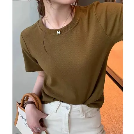 短袖t恤女夏季新款韩版学生小个子修身纯色上衣圆领百搭打底体恤商品大图