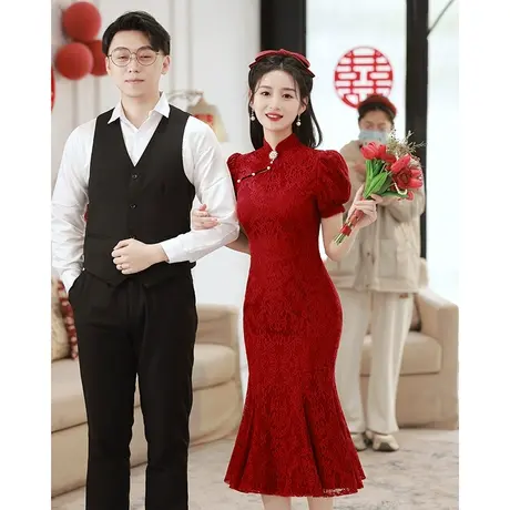 蕾丝旗袍敬酒服2023新款新娘高级感订婚回门礼服小个子气质鱼尾裙商品大图