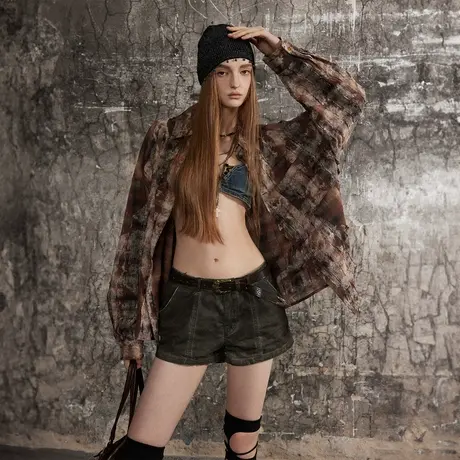 潮牌复古美拉德穿搭格子衬衫女2024年春季新款拼接情侣装宽松衬衣商品大图