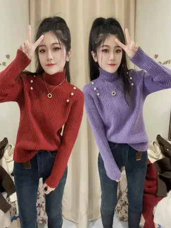 新年红亮闪高领毛衣打底针织衫女秋冬2023新款高级感显瘦洋气上衣图片