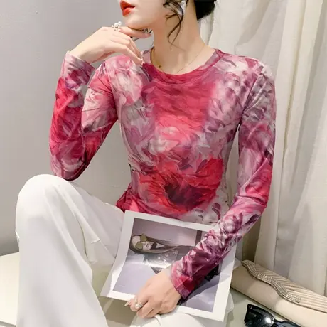 性感时尚网纱印花圆领长袖打底衫洋气减龄内塔上衣女修身百塔T恤图片