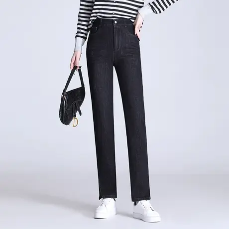 直筒小脚裤女2024春季新款高腰弹力显瘦牛仔裤时尚开叉开叉休闲裤图片